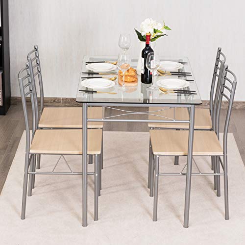 Giantex 5 Piece Dining Table Set, Kitchen Dining Set with Tempered Glass Table Top and 4 Chairs, Dinette Set for 4 for Breakfast Dining Room Kitchen