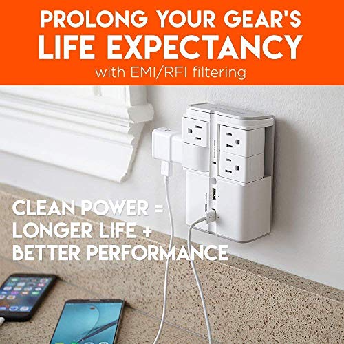 ECHOGEAR USB Wall Charger Surge Protector with 4 Pivoting AC Outlets & 2 USB Ports – Packs 1080 Joules of Surge Protection & Installs On Existing Outlets to Protect Gear & Increase Outlet Capacity
