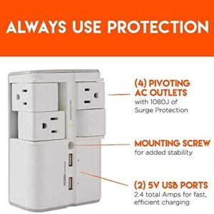 ECHOGEAR USB Wall Charger Surge Protector with 4 Pivoting AC Outlets & 2 USB Ports – Packs 1080 Joules of Surge Protection & Installs On Existing Outlets to Protect Gear & Increase Outlet Capacity