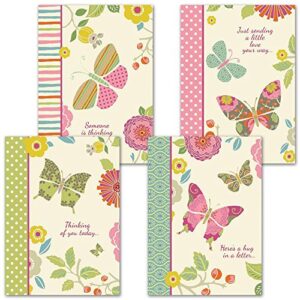 butterfly cheer thinking of you greeting cards - set of 8 (4 designs), large 5" x 7", thinking of you cards with sentiments inside, envelopes included