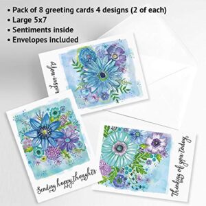 Happy Heart Thinking of You Greeting Cards - Set of 8 (4 Designs), Large 5" x 7", Friendship Cards with Sentiments Inside, White Envelopes