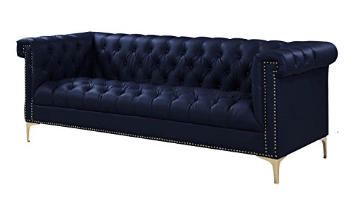 Iconic Home Gold Navy Blue Winston PU Button Tufted with Nail head Trim Tone Metal Sofa,FSA2571-AN