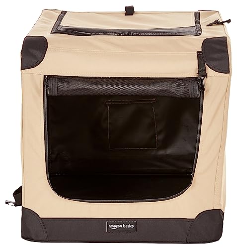 Amazon Basics 2-Door Collapsible Soft-Sided Folding Soft Dog Travel Crate Kennel, Medium (21 x 21 x 30 Inches), Tan