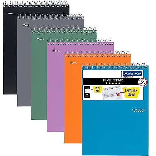 Five Star Top Bound Notebooks, 6 Pack, 1-Subject, College Ruled Paper, Fights Ink Bleed, Water Resistant Cover, 11" x 8-1/2", 100 Sheets, Assorted Colors (73525)