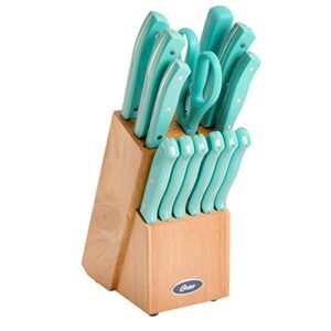 oster evansville 14 piece cutlery set, stainless steel with turquoise handles -