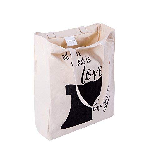 Andes Heavy Duty Side-Gusseted Canvas Tote Bag, Handmade of 12-ounce 100% Natural Cotton, Ideal for School Books, Gym & Gifts (All You Need is Love and a Dog)