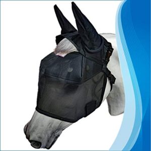 equivizor 95% uv eye protection (size mini) horse fly mask with ears. uveitis, corneal ulcer, cataract, light sensitive, cancer. designed to stay on your horse, off the ground!