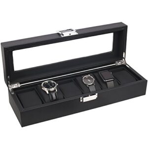 mantello watch box for men - 6 slot luxury carbon fiber watch case, watch box organizer for men, gifts for him, metal buckle - black