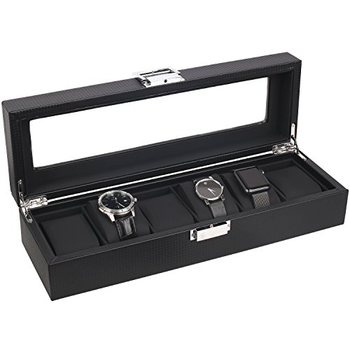 Mantello Watch Box for Men - 6 Slot Luxury Carbon Fiber Watch Case, Watch Box Organizer for Men, Gifts for Him, Metal Buckle - Black