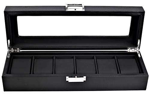 Mantello Watch Box for Men - 6 Slot Luxury Carbon Fiber Watch Case, Watch Box Organizer for Men, Gifts for Him, Metal Buckle - Black