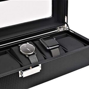 Mantello Watch Box for Men - 6 Slot Luxury Carbon Fiber Watch Case, Watch Box Organizer for Men, Gifts for Him, Metal Buckle - Black