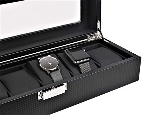 Mantello Watch Box for Men - 6 Slot Luxury Carbon Fiber Watch Case, Watch Box Organizer for Men, Gifts for Him, Metal Buckle - Black