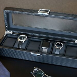 Mantello Watch Box for Men - 6 Slot Luxury Carbon Fiber Watch Case, Watch Box Organizer for Men, Gifts for Him, Metal Buckle - Black