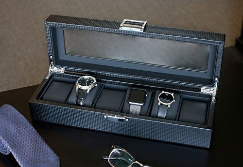 Mantello Watch Box for Men - 6 Slot Luxury Carbon Fiber Watch Case, Watch Box Organizer for Men, Gifts for Him, Metal Buckle - Black