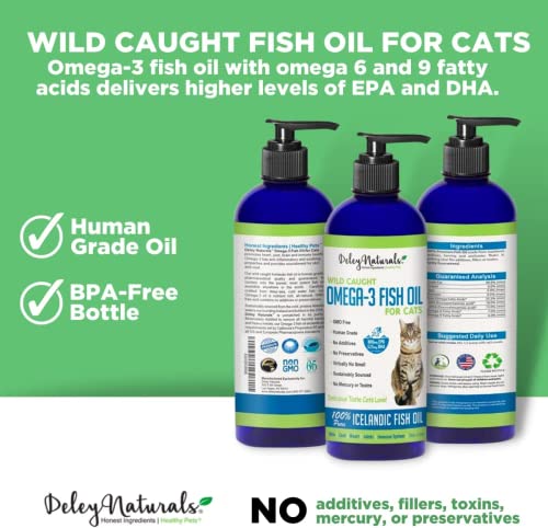 Deley Naturals Wild Caught Fish Oil for Cats - 16oz - Omega 3-6-9, GMO Free - Reduces Shedding, Supports Skin, Coat, Joints, Heart, Brain, Immune System - Highest EPA & DHA Potency – Pure Fish Oil