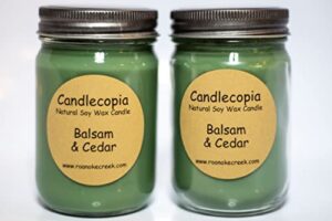 candlecopia balsam & cedar strongly scented hand poured premium soy candles, 12 ounce pewter lid canning jar x 2-pack