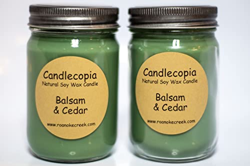 Candlecopia Balsam & Cedar Strongly Scented Hand Poured Premium Soy Candles, 12 Ounce Pewter Lid Canning Jar x 2-Pack