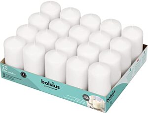 bolsius set of 20 white pillar candles - 2x4 inch unscented candle set - dripless clean burning smokeless dinner candle - perfect for wedding candles, parties and special occasions