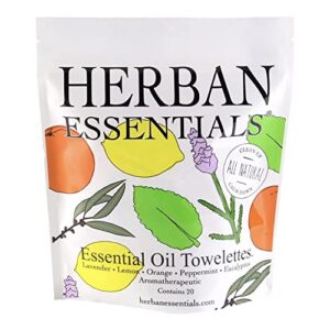 herban essentials travel body wipes - essential oil wipes for hands, travel face wipes - natural hand wipes, moist towelettes individually wrapped body wipes for adults - asst. 20 count