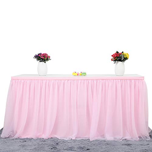 6ft Pink Tulle Table Skirt Baby Shower Tablecloth for Rectangle Tables or Round Tables Pink Ruffle Tutu Table Skirts for Princess Girls Butterfly Elephant Birthday Party Unicorn Table Decorations