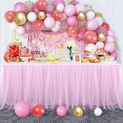 6ft Pink Tulle Table Skirt Baby Shower Tablecloth for Rectangle Tables or Round Tables Pink Ruffle Tutu Table Skirts for Princess Girls Butterfly Elephant Birthday Party Unicorn Table Decorations