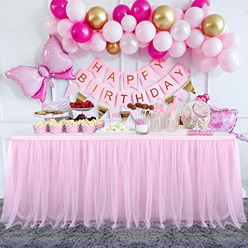 6ft Pink Tulle Table Skirt Baby Shower Tablecloth for Rectangle Tables or Round Tables Pink Ruffle Tutu Table Skirts for Princess Girls Butterfly Elephant Birthday Party Unicorn Table Decorations