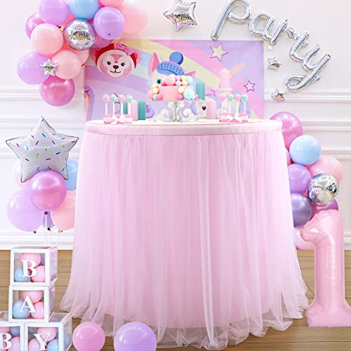 6ft Pink Tulle Table Skirt Baby Shower Tablecloth for Rectangle Tables or Round Tables Pink Ruffle Tutu Table Skirts for Princess Girls Butterfly Elephant Birthday Party Unicorn Table Decorations