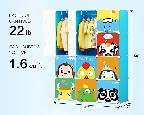 JYYG Kids Dresser Kid Clothes Storage Organizer Baby Dresser Kid Closet Baby Clothes Storage Cabinet for Kids Room Baby Wardrobe Toddler Closet Childrens Dresser (Blue, 8 Cubes 2 Hanging Sections)