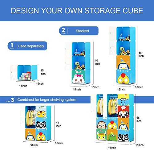 JYYG Kids Dresser Kid Clothes Storage Organizer Baby Dresser Kid Closet Baby Clothes Storage Cabinet for Kids Room Baby Wardrobe Toddler Closet Childrens Dresser (Blue, 8 Cubes 2 Hanging Sections)