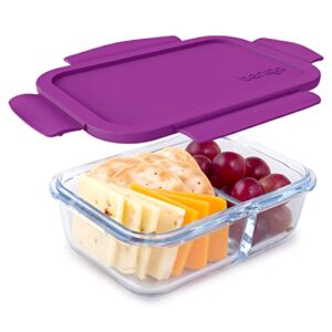 bentgo® glass snack - leak-proof bento-style snack container with airtight lid and divided 2-compartment design - 1.75 cup capacity for meal prepping, and portion-controlled snacking (purple)