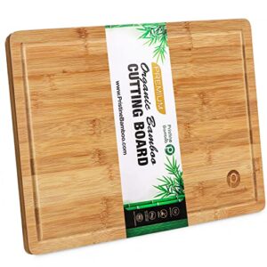 extra large organic bamboo cutting board for kitchen - wood butcher block - wood cutting board with juice groove - kitchen chopping board for meat, cheese and vegetables, 18 x 12” - pristine bamboo