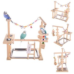 qbleev parrot playstand bird play stand cockatiel playground wood perch gym playpen ladder with feeder cups toys exercise play (include a tray) (16" l*10" w*15" h)