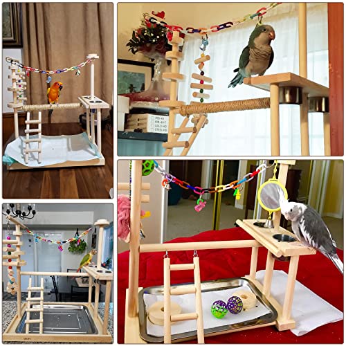 QBLEEV Parrot Playstand Bird Play Stand Cockatiel Playground Wood Perch Gym Playpen Ladder with Feeder Cups Toys Exercise Play (Include a Tray) (16" L*10" W*15" H)