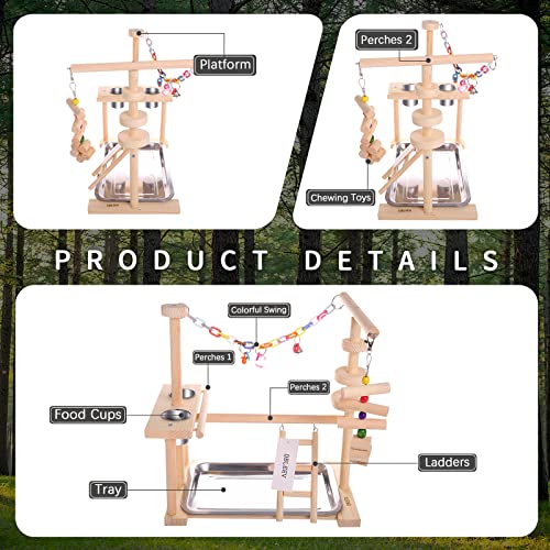 QBLEEV Parrot Playstand Bird Play Stand Cockatiel Playground Wood Perch Gym Playpen Ladder with Feeder Cups Toys Exercise Play (Include a Tray) (16" L*10" W*15" H)