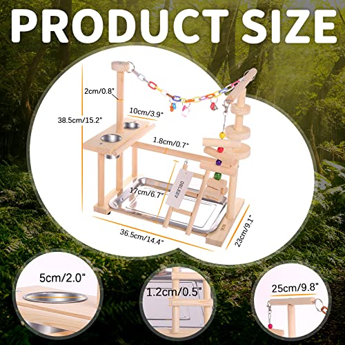 QBLEEV Parrot Playstand Bird Play Stand Cockatiel Playground Wood Perch Gym Playpen Ladder with Feeder Cups Toys Exercise Play (Include a Tray) (16" L*10" W*15" H)