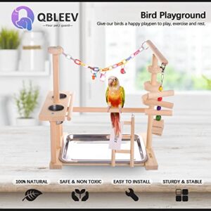 QBLEEV Parrot Playstand Bird Play Stand Cockatiel Playground Wood Perch Gym Playpen Ladder with Feeder Cups Toys Exercise Play (Include a Tray) (16" L*10" W*15" H)