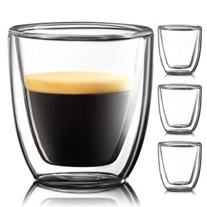 glass espresso cups set of 4 - double walled espresso cups 2.6 oz - wide italian style clear doppio espresso cup - double espresso cups - espresso accessories small double wall expresso coffee cup
