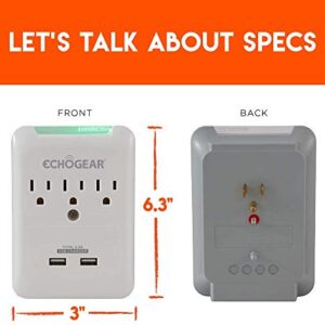 ECHOGEAR Outlet Extender Multiplug with 3 AC Outlets & 2 USB Ports – Low Profile Design Sits Just 1.1" from Wall - Protects Your Gear with 540 Joules of Surge Protection