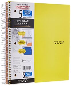 five star spiral notebooks, 5 subject, college ruled paper, 200 sheets, 11" x 8-1/2", teal, yellow, 2 pack (73509)