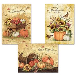 current harvest thanksgiving greeting cards set - themed holiday card variety value pack, set of 6 large 5 x 7-inch cards, assortment of 3 unique designs, envelopes included