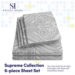 Cal King Size Bed Sheets - 6 Piece 1500 Supreme Collection Fine Brushed Microfiber Deep Pocket California King Sheet Set Bedding - 2 Extra Pillow Cases, Great Value, California King, Paisley Gray