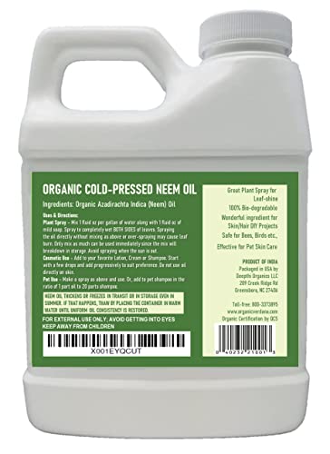 Verdana Organic Cold Pressed Pure Neem Oil - 16 Fl. Oz - Non GMO - Unrefined - 100% Neem Oil, Nothing Added or Removed – Leafshine for Plants, Pet Care, Skin Care, Hair Care Brand