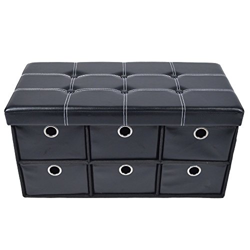 Achim Home Furnishings Collapsible Storage Ottoman 6 Drawers - Black Faux Leather 15x30x15