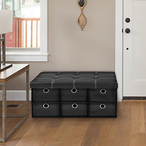 Achim Home Furnishings Collapsible Storage Ottoman 6 Drawers - Black Faux Leather 15x30x15