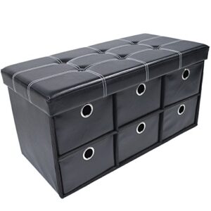 Achim Home Furnishings Collapsible Storage Ottoman 6 Drawers - Black Faux Leather 15x30x15