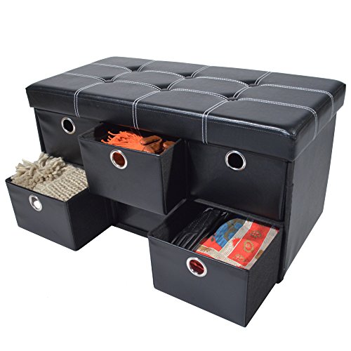 Achim Home Furnishings Collapsible Storage Ottoman 6 Drawers - Black Faux Leather 15x30x15