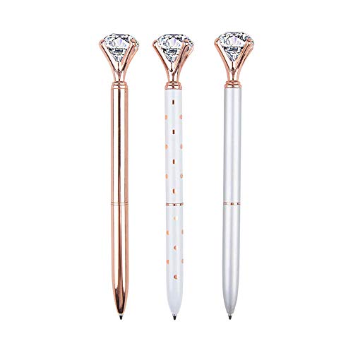 3 Pcs Rose Gold Pen with Big Diamond/Crystal ，Metal Ballpoint Pen，Rose Gold/Silver Office Supplies，Black Ink (3pcs)