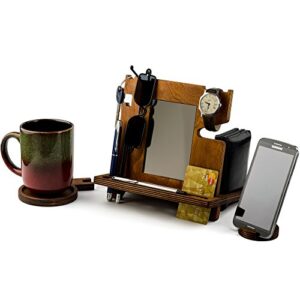 wood phone docking station for men - wooden watch wallet stand - father's day gifts for husband - mens nightstand organizer - valet tray charging station - dad cell phone desk station