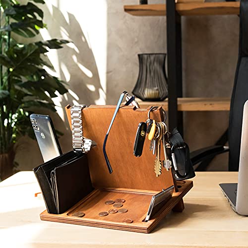 Wood Phone Docking Station for Men - Wooden Watch Wallet Stand - Father's Day Gifts for Husband - Mens Nightstand Organizer - Valet Tray Charging Station - Dad Cell phone Desk station
