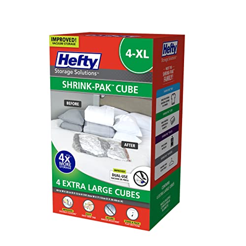 Hefty Shrink-Pak – 4 Extra Large Vacuum Seal Storage Bags – Space Saver Bags for Clothing, Pillows, Towels, or Blankets, 4 x XL Cubes